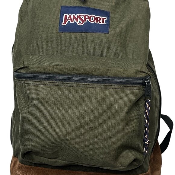 Vintage JanSport Suede Bottom Classic Backpack Olive & Brown Canvas READ - Picture 1 of 9